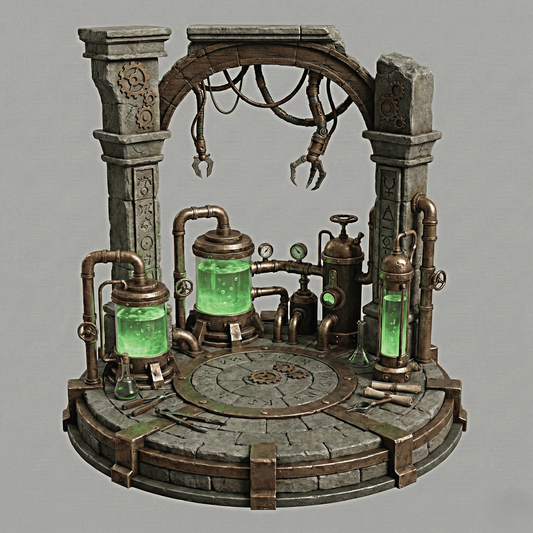 Steampunk-style装置 with green glowing elements on a gray background
