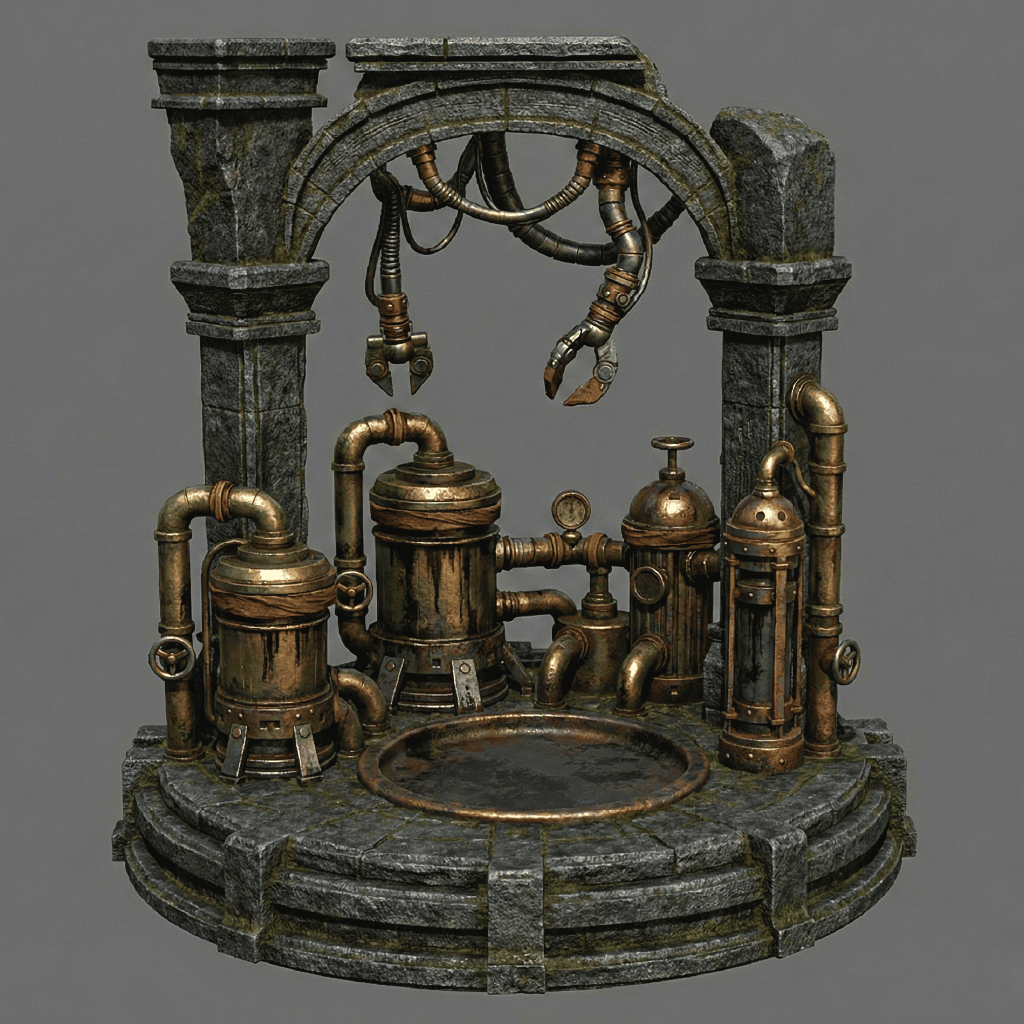 Steampunk-style mechanical装置 on a gray background