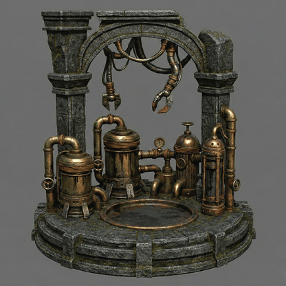 Steampunk-style mechanical装置 on a gray background