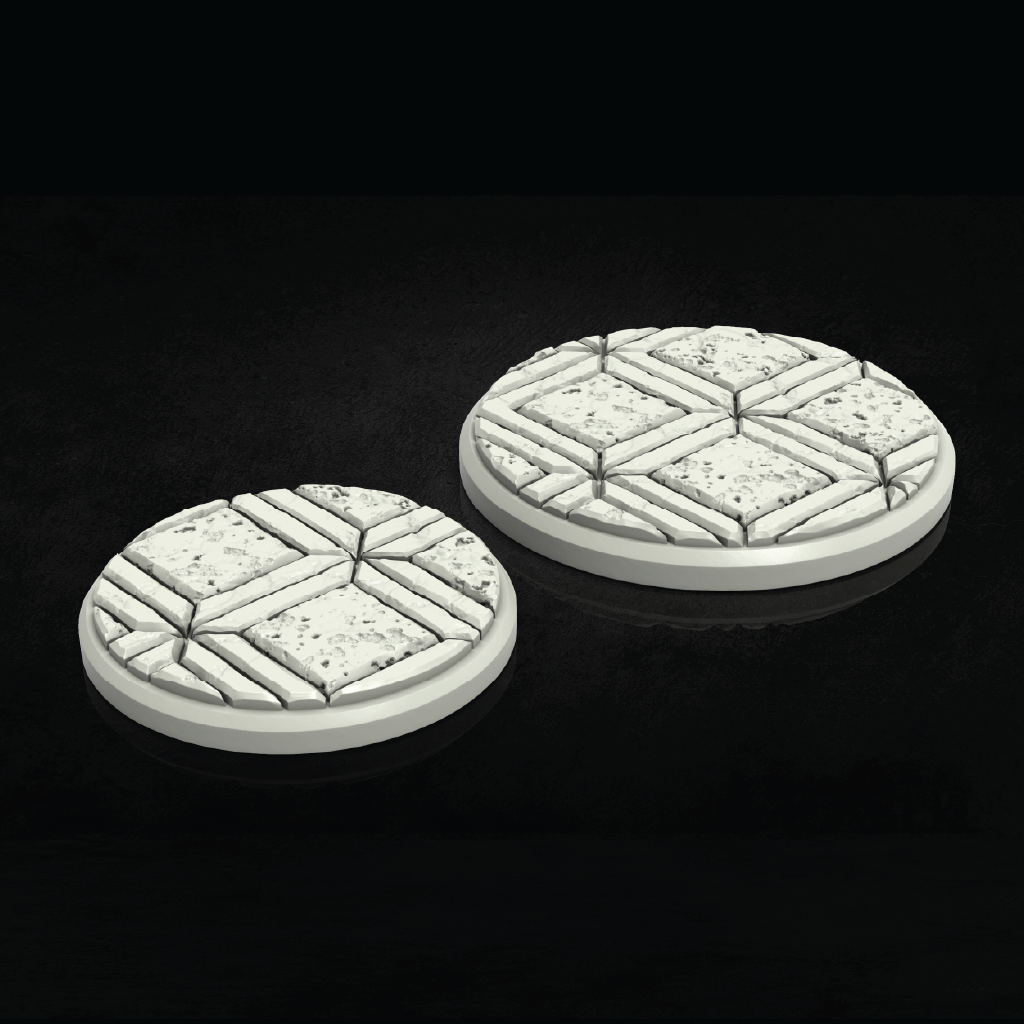 Two round, textured game bases on a black background