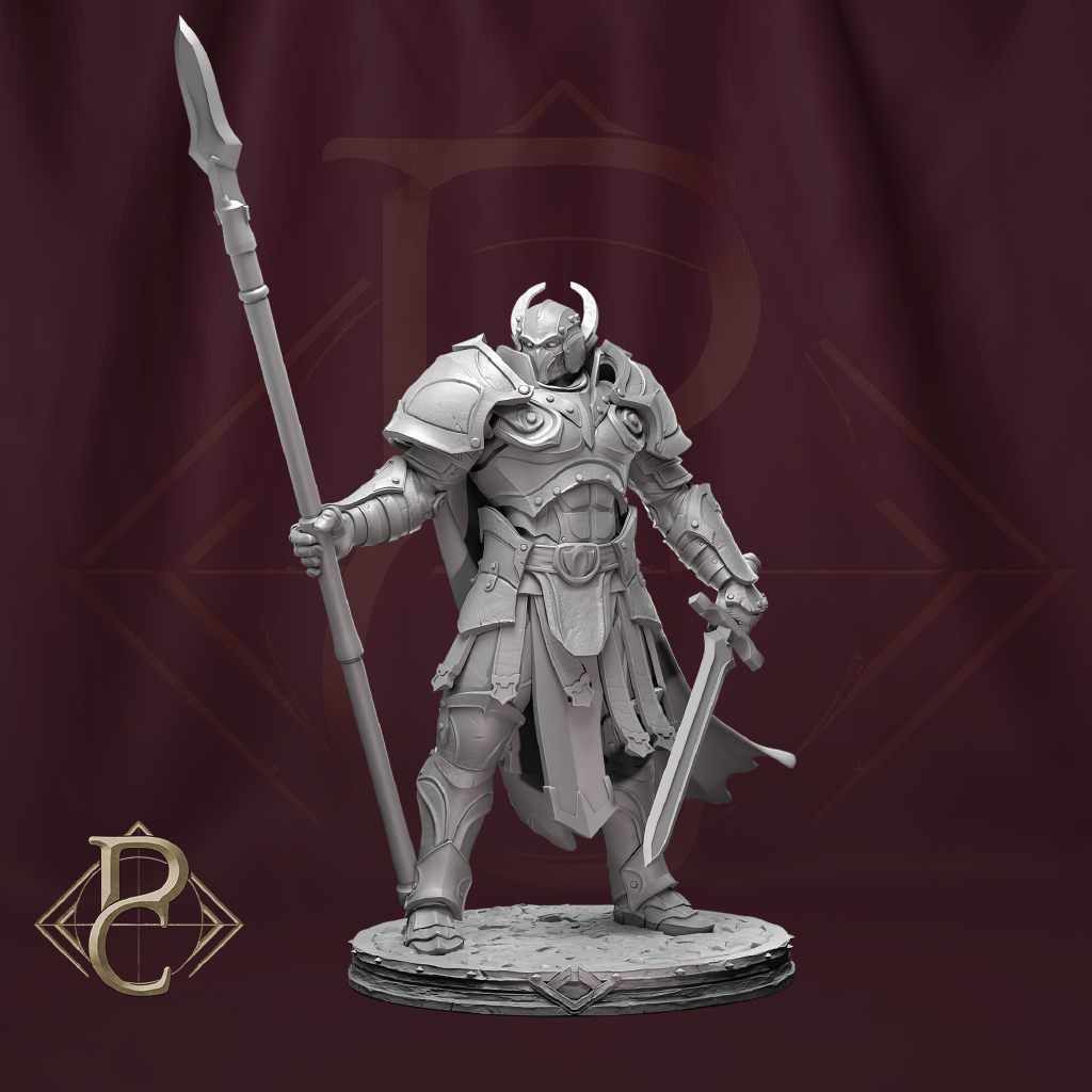 An unpainted gray fantasy warrior miniature figurine holding a spear and sword, standing on a round base against a dark burgundy backdrop with a large stylized letter P in the background and a gold logo in the lower left corner.