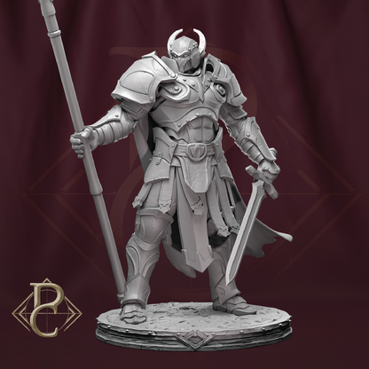 A 3D-rendered fantasy warrior miniature figurine in light gray, standing on a round base and holding a spear and sword, against a dark burgundy backdrop with a stylized logo in the lower left.