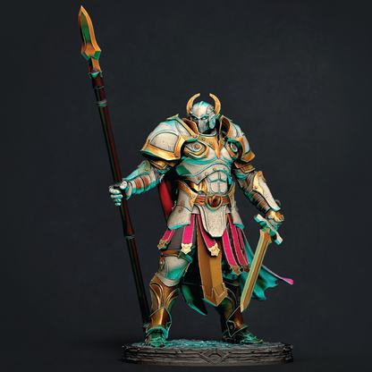 A highly detailed fantasy warrior figurine or collectible statue, shown standing on a dark base against a dark studio background. The character is clad in ornate silver, gold, and teal armor with a red cape, holding a long spear in one hand and a sword in the other.
