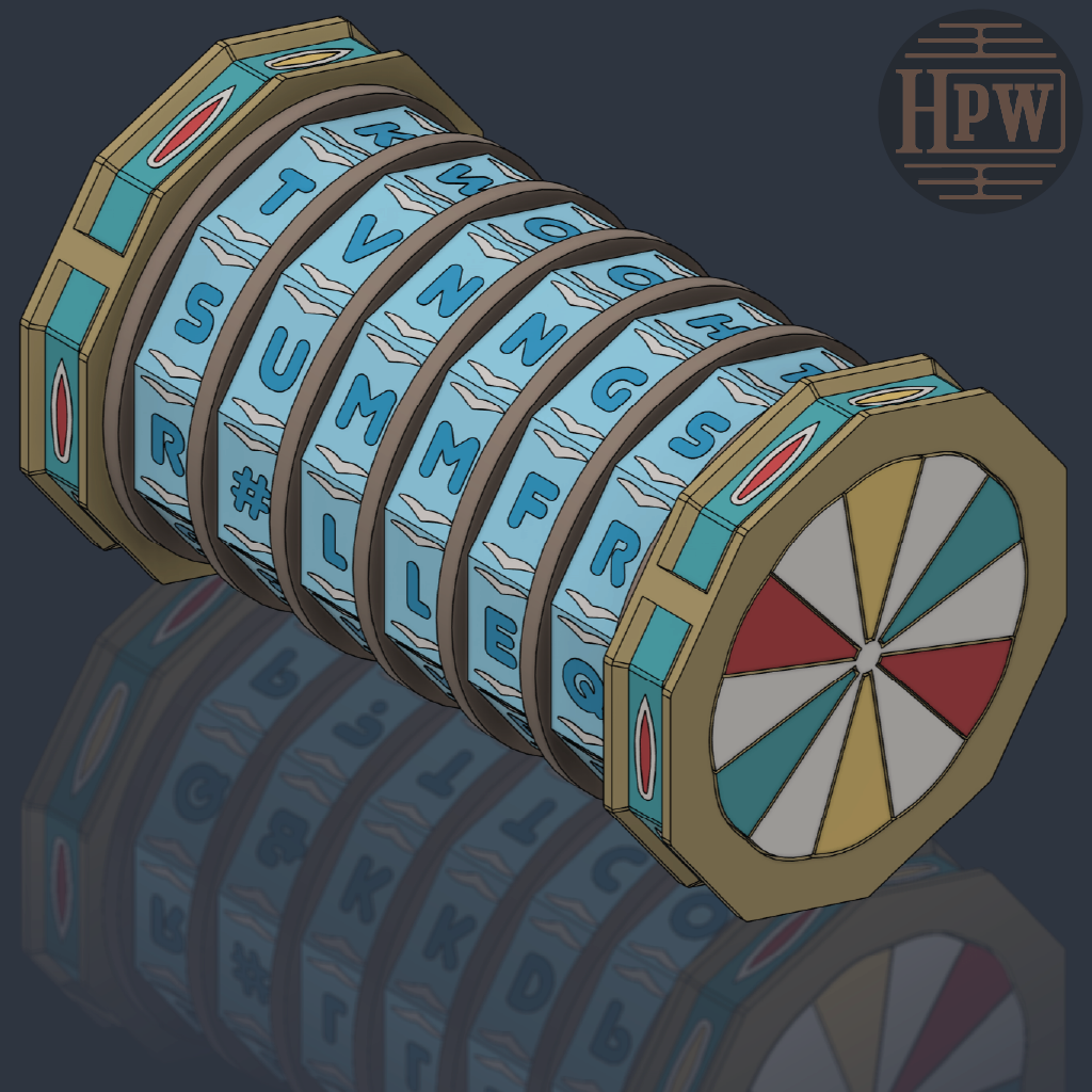 A stylized illustration of a cylindrical slot-machine-like toy or prop with blue lettered panels, tan side frames, and a multicolor circular end wheel. The word 'SUMMER' is visible on one panel, and an 'HPW' mark appears in the top-right corner.
