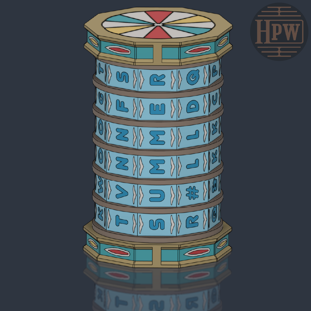 A stylized illustrated stack of cylindrical blue and tan containers or boxes with decorative symbols and colored circular details on top, shown on a dark gray background with a reflection below. An 'HPW' mark appears in the top-right corner.