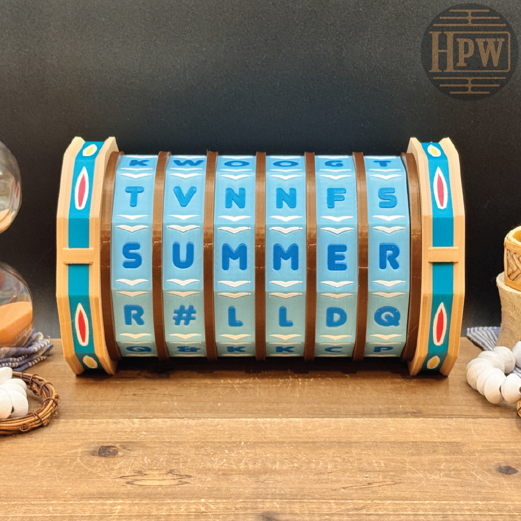 A wooden rotating calendar wheel display on a rustic wooden table against a dark background, featuring the letters of the alphabet in blue on light blue panels, with brown wheels and turquoise side accents. The HPW logo is visible in the top right corner.