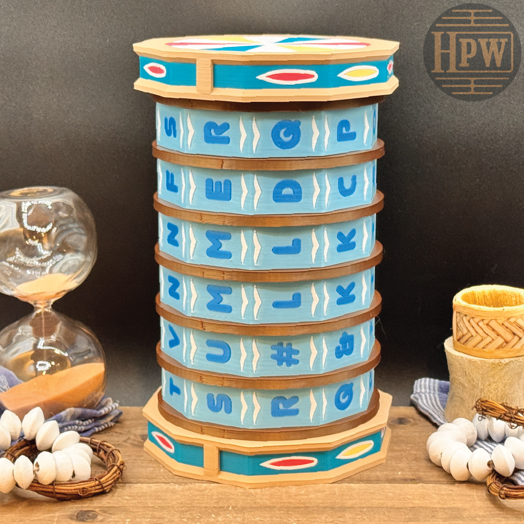 A handcrafted wooden spinning top toy with a blue and white geometric patterned body, displayed on a wooden surface with decorative props including a glass hourglass, white beads, and a small basket. An 'HPW' logo is visible in the top right corner.