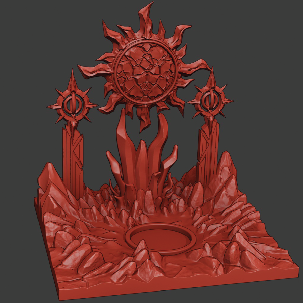 Red decorative emblem with sun-like design on a dark gray background