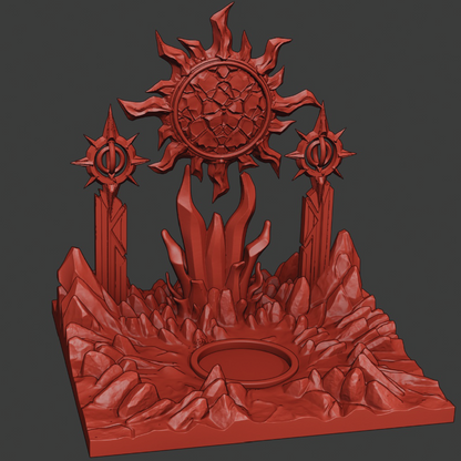 Red decorative emblem with sun-like design on a dark gray background
