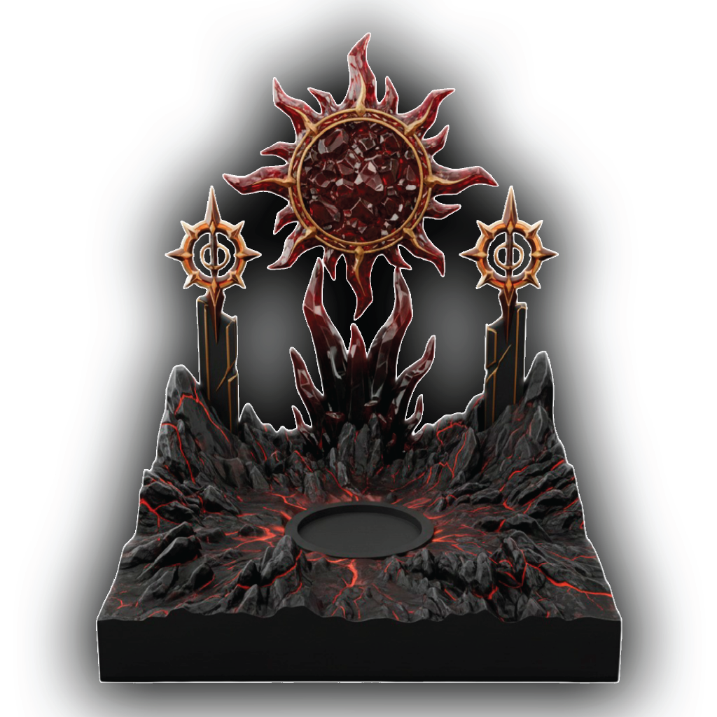 Decorative piece with sun-like design and rocky base on a white background