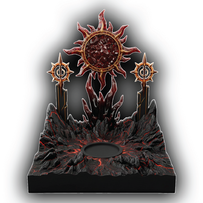 Decorative piece with sun-like design and rocky base on a white background