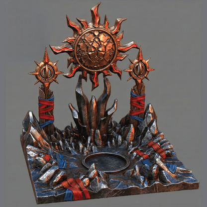 Decorative metal sculpture with sun design on a gray background