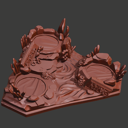 A 3D-rendered fantasy terrain piece or miniature base in a uniform reddish-brown color, featuring circular platforms, carved stone details, and sculpted foliage on a dark gray background.