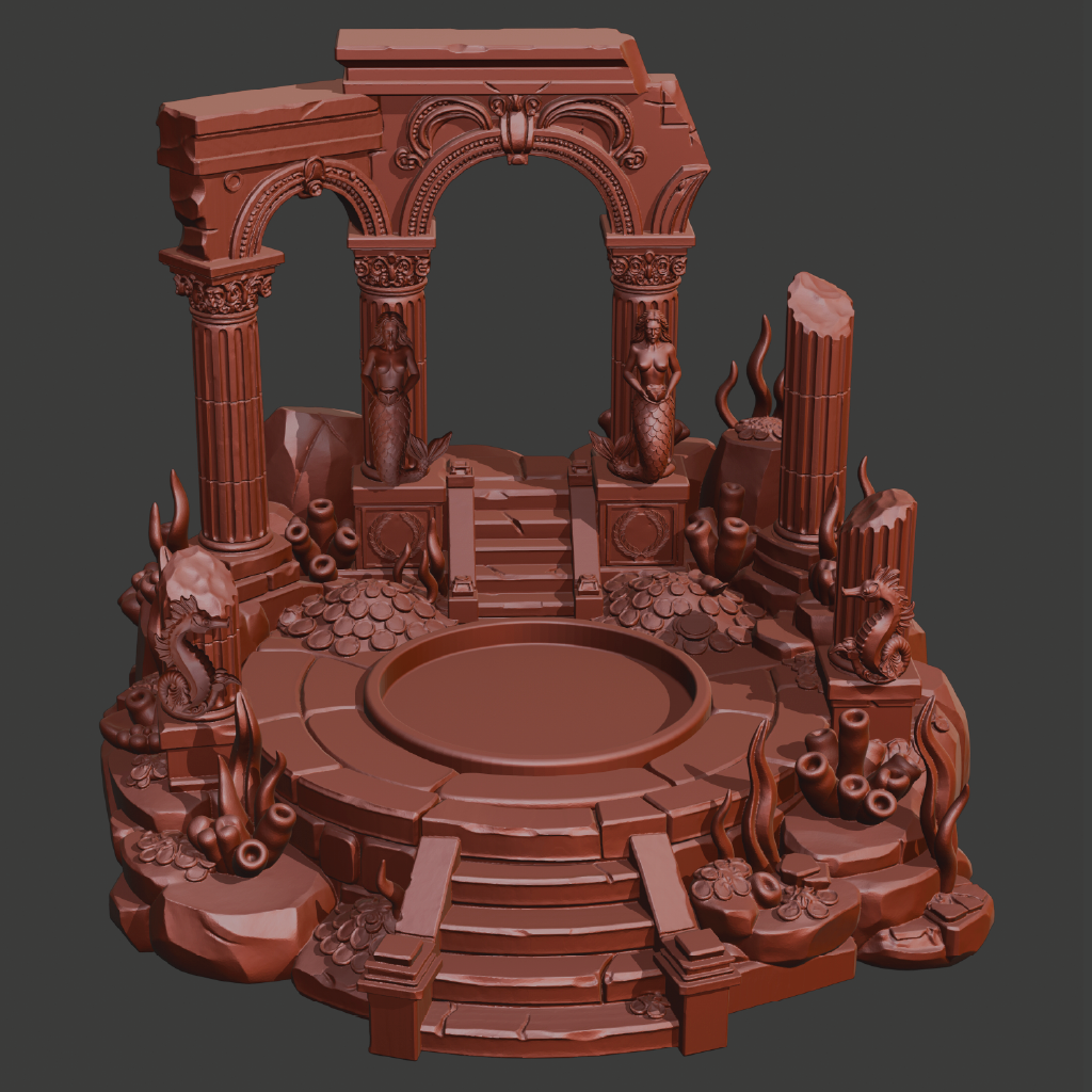 A 3D-rendered ancient ruin platform with columns, stairs, mermaid figures, and decorative carvings in a uniform reddish-brown color, shown on a dark gray background.