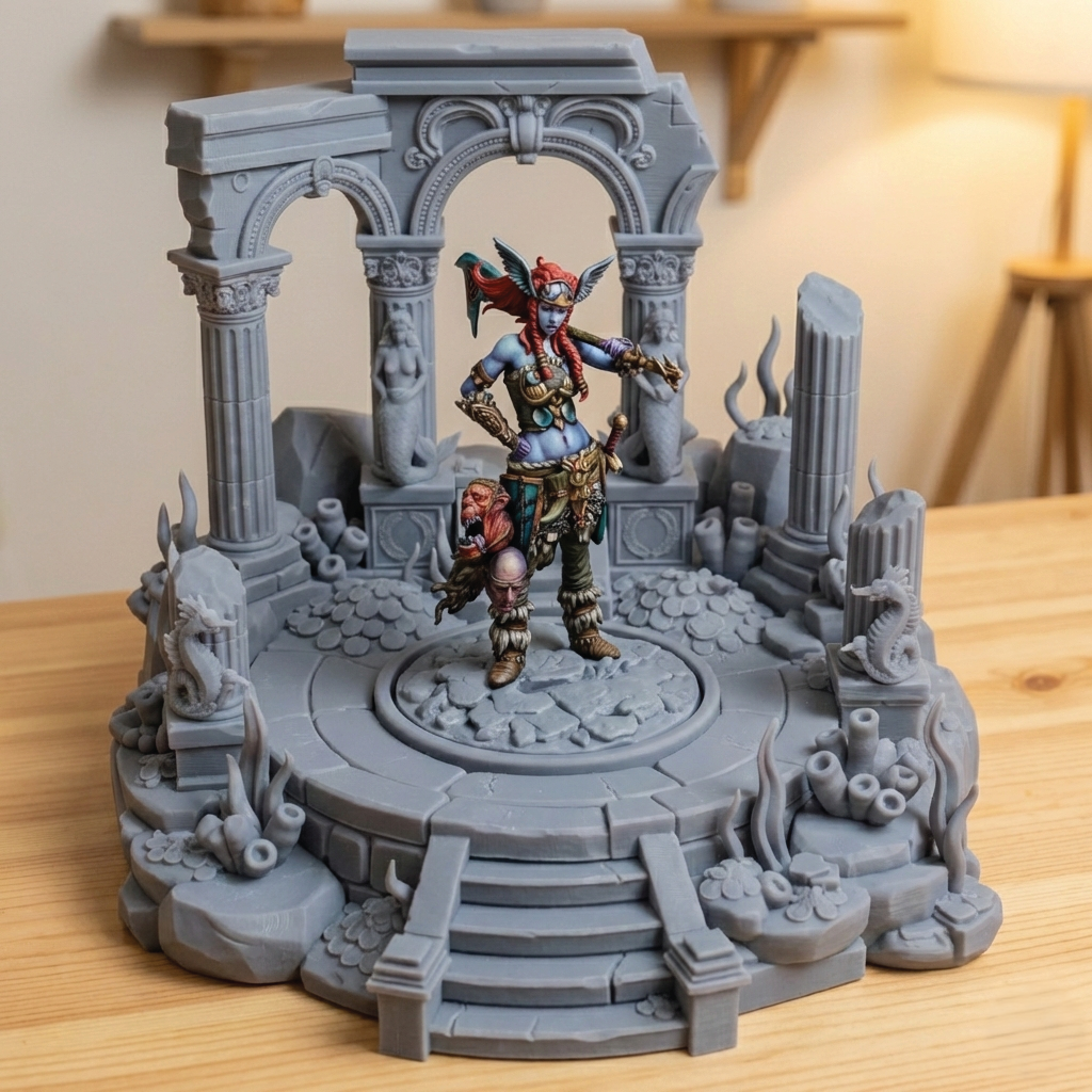 A painted fantasy tabletop miniature figurine of a blue-skinned elf warrior standing on a circular stone platform, set against a detailed gray stone arena backdrop with columns, ruins, and sculpted details, photographed on a wooden tabletop.