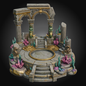 An ornate fantasy ruins miniature set featuring stone pillars, gold coin piles, mermaid statues, and colorful coral accents on a dark gradient background.