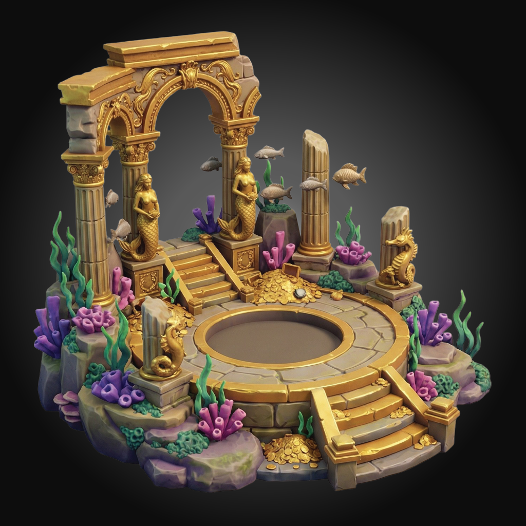 An ornate underwater-themed miniature scene with gold ruins, mermaid statues, purple coral, fish, and a circular pool, shown on a dark gradient background.