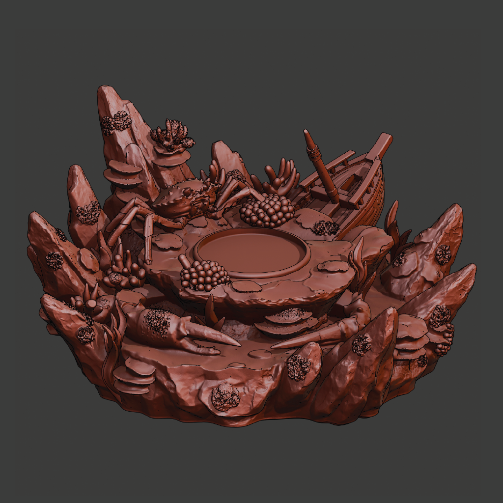 A 3D-rendered decorative island scene in reddish-brown tones, featuring a central round pool, rocky shoreline, mushrooms, grapes, and a small shipwreck detail, shown on a dark gray background.