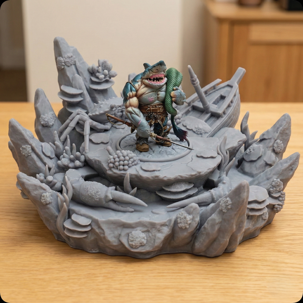 A painted fantasy tabletop miniature of a crab-like warrior holding a green snake, mounted on a detailed gray rocky base with a shipwreck scene, photographed on a wooden tabletop.