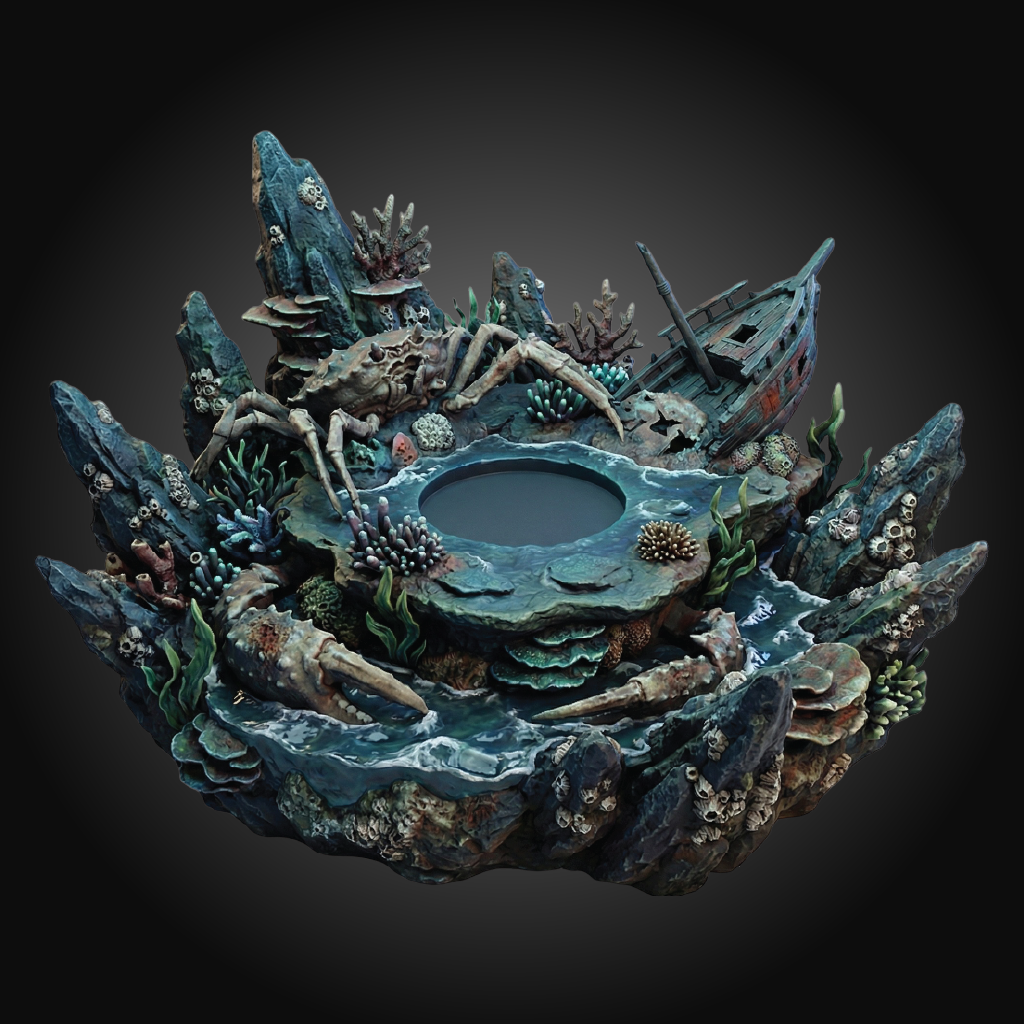 An underwater-themed decorative sculpture or planter featuring a miniature shipwreck, coral formations, sea creatures, and a central dark pool, shown against a dark gradient background.
