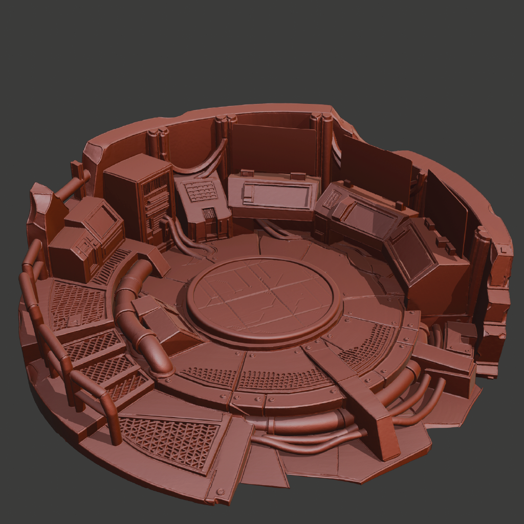 A 3D-rendered circular sci-fi interior or control chamber model in a uniform reddish-brown color, shown on a dark gray background.