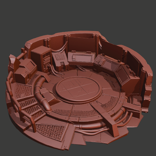 A 3D-rendered circular sci-fi interior or control chamber model in a uniform reddish-brown color, shown on a dark gray background.