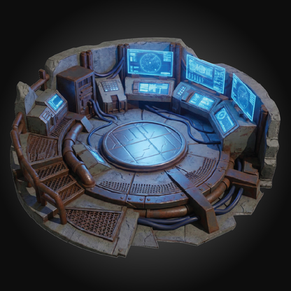 A circular futuristic control room set or miniature diorama with multiple glowing blue monitors, metallic consoles, pipes, and stone-like walls, shown on a dark gradient background.