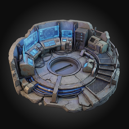 A circular sci-fi control room set or miniature backdrop with multiple illuminated blue monitors, consoles, cables, stairs, and grated flooring, shown isolated on a dark gradient background.