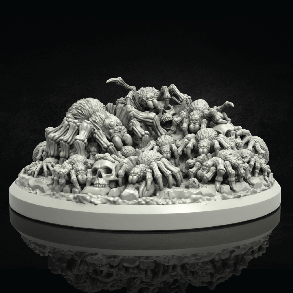 A gray 3D-printed unpainted miniature of a swarm of spider creatures on a pile of stone and skulls, on a circular base against a black background.