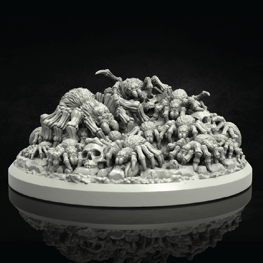 A gray 3D-printed unpainted miniature of a swarm of spider creatures on a pile of stone and skulls, on a circular base against a black background.
