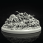 A gray 3D-printed unpainted miniature of a swarm of spider creatures on a pile of stone and skulls, on a circular base against a black background.