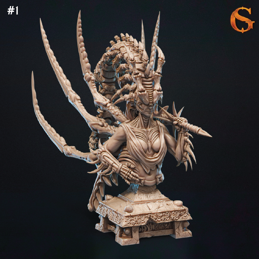 A 3D model bust of a woman infected with an alien parasite attached to her head, her arms and legs transformed into sharp spikes and spines, ready for fierce battle