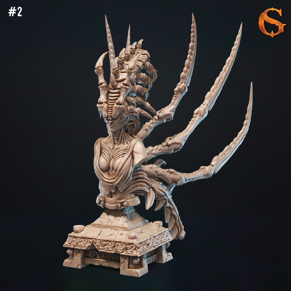 A 3D model bust of a woman infected with an alien parasite attached to her head, her arms and legs transformed into sharp spikes and spines, ready for fierce battle