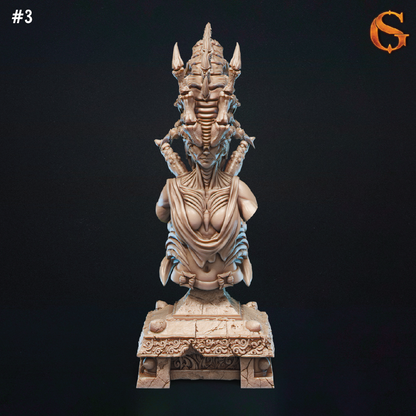 A 3D model bust of a woman infected with an alien parasite attached to her head, her arms and legs transformed into sharp spikes and spines, ready for fierce battle