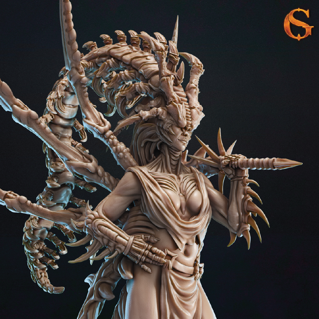 A closeup 3D model of a woman infected with an alien parasite attached to her head, her arms and legs transformed into sharp spikes and spines, ready for fierce battle