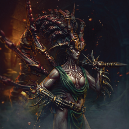 An artistic drawing of a woman infected with an alien parasite attached to her head, her arms and legs transformed into sharp spikes and spines, ready for fierce battle
