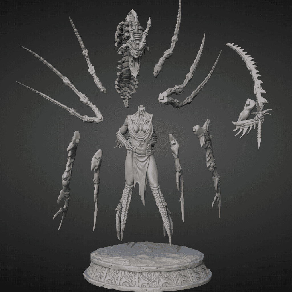 A render of the separate parts of a 3D model of a woman infected with an alien parasite attached to her head, her arms and legs transformed into sharp spikes and spines, ready for fierce battle