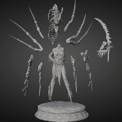 A render of the separate parts of a 3D model of a woman infected with an alien parasite attached to her head, her arms and legs transformed into sharp spikes and spines, ready for fierce battle