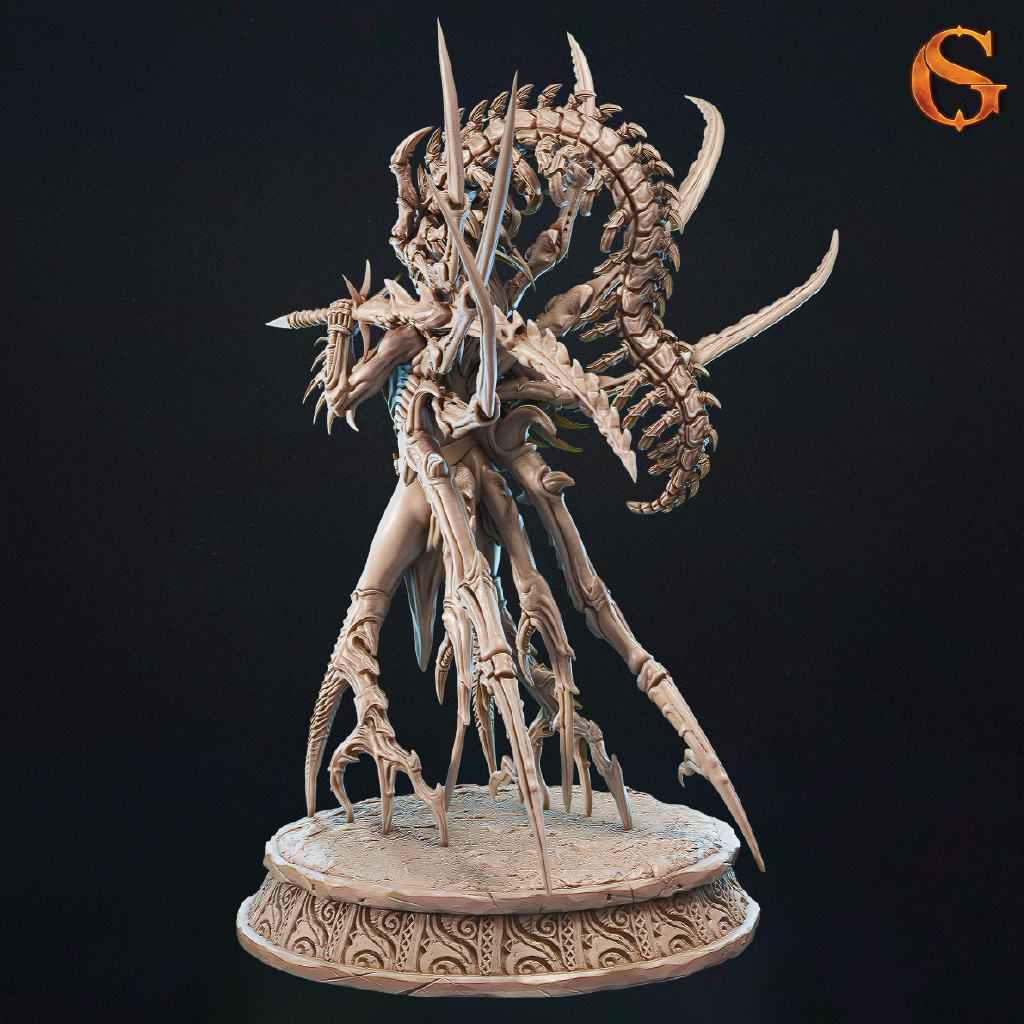 A 3D model seen from the rear of a woman infected with an alien parasite attached to her head, her arms and legs transformed into sharp spikes and spines, ready for fierce battle