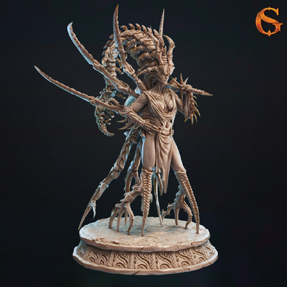 A 3D model of a woman infected with an alien parasite attached to her head, her arms and legs transformed into sharp spikes and spines, ready for fierce battle