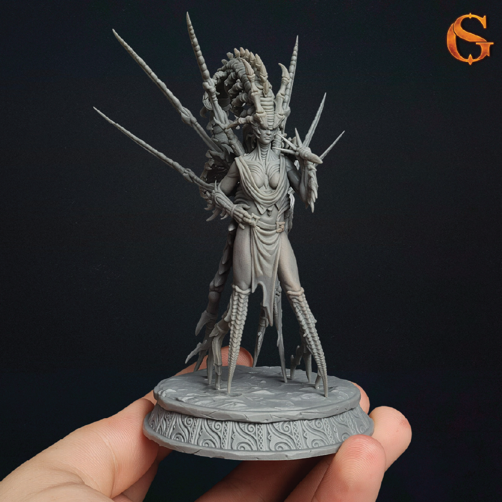 A 3D resin print of a woman infected with an alien parasite attached to her head, her arms and legs transformed into sharp spikes and spines, ready for fierce battle