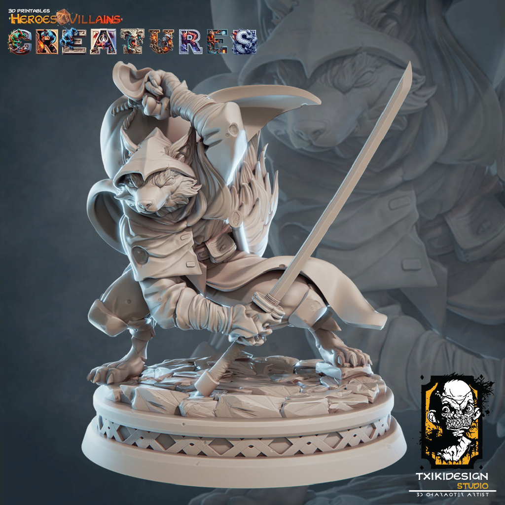Statue of a creature holding a sword on a dark background with 'Heroes & Villains Creatures' branding.