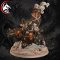 A detailed fantasy miniature figurine of a skeletal warrior with a large cauldron and cannon, set against a dark, spooky forest background with pumpkins and a wolf logo in the top-left corner.