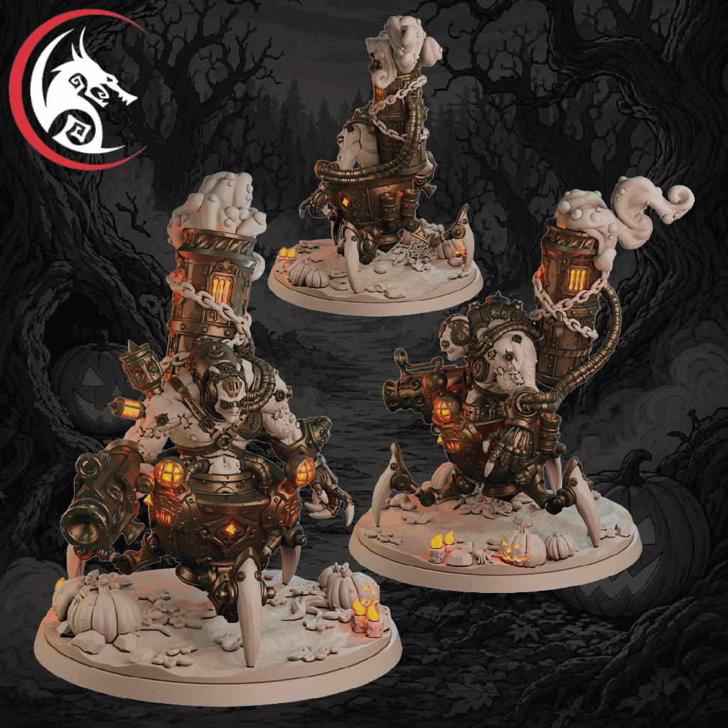 Three unpainted fantasy tabletop miniatures of skeletal ghoulish figures with cauldrons, lanterns, chains, and pumpkins, shown on a dark spooky forest background. A red and black Dragonhead Games logo is visible in the top-left corner.