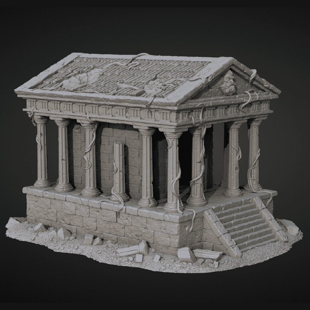 Model of an ancient temple with columns and a roof on a dark background