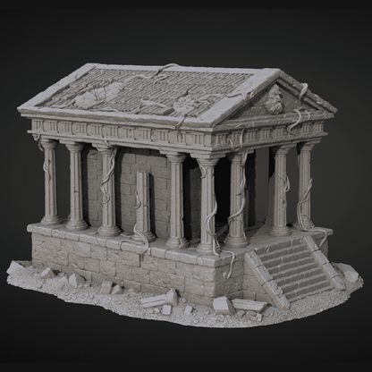 Model of an ancient temple with columns and a roof on a dark background