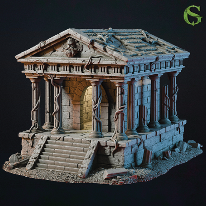 Model of an ancient temple with detailed architecture on a dark background