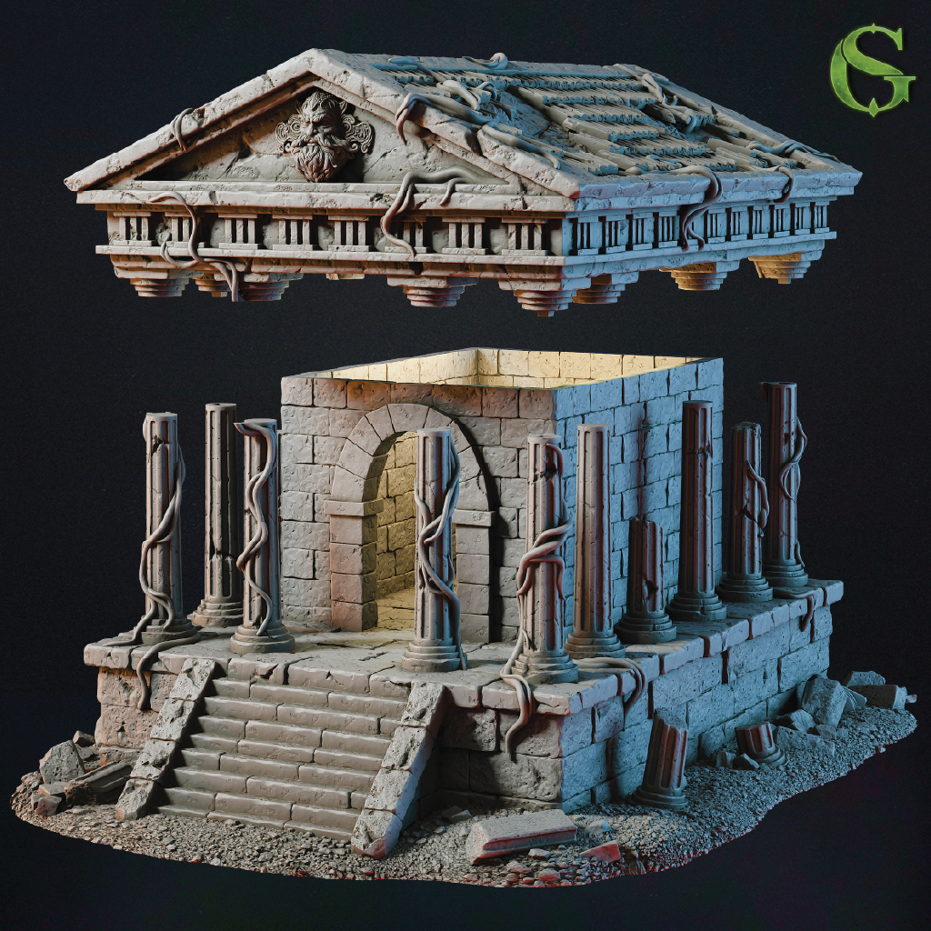 Model of an ancient temple with detailed architecture on a dark background