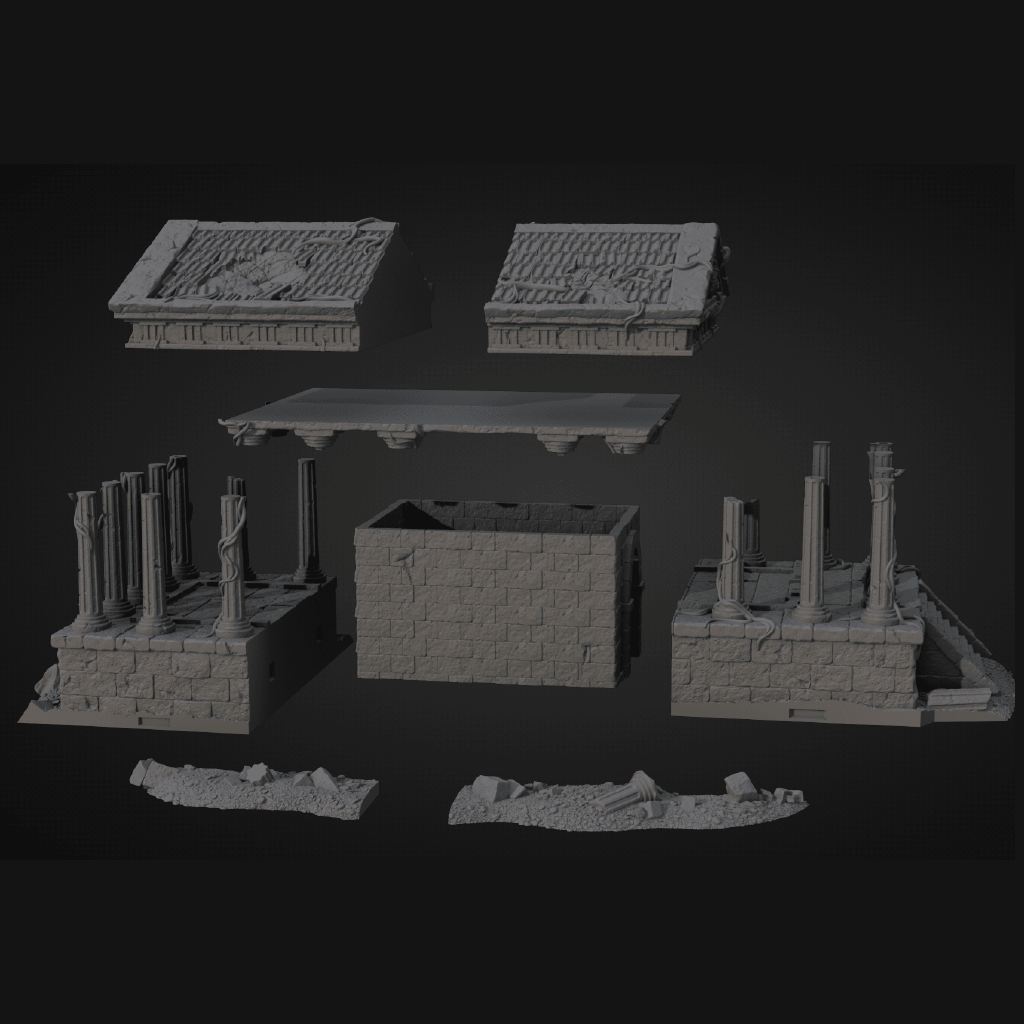Set of ancient ruin models on a dark background