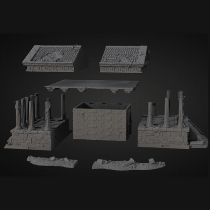 Set of ancient ruin models on a dark background
